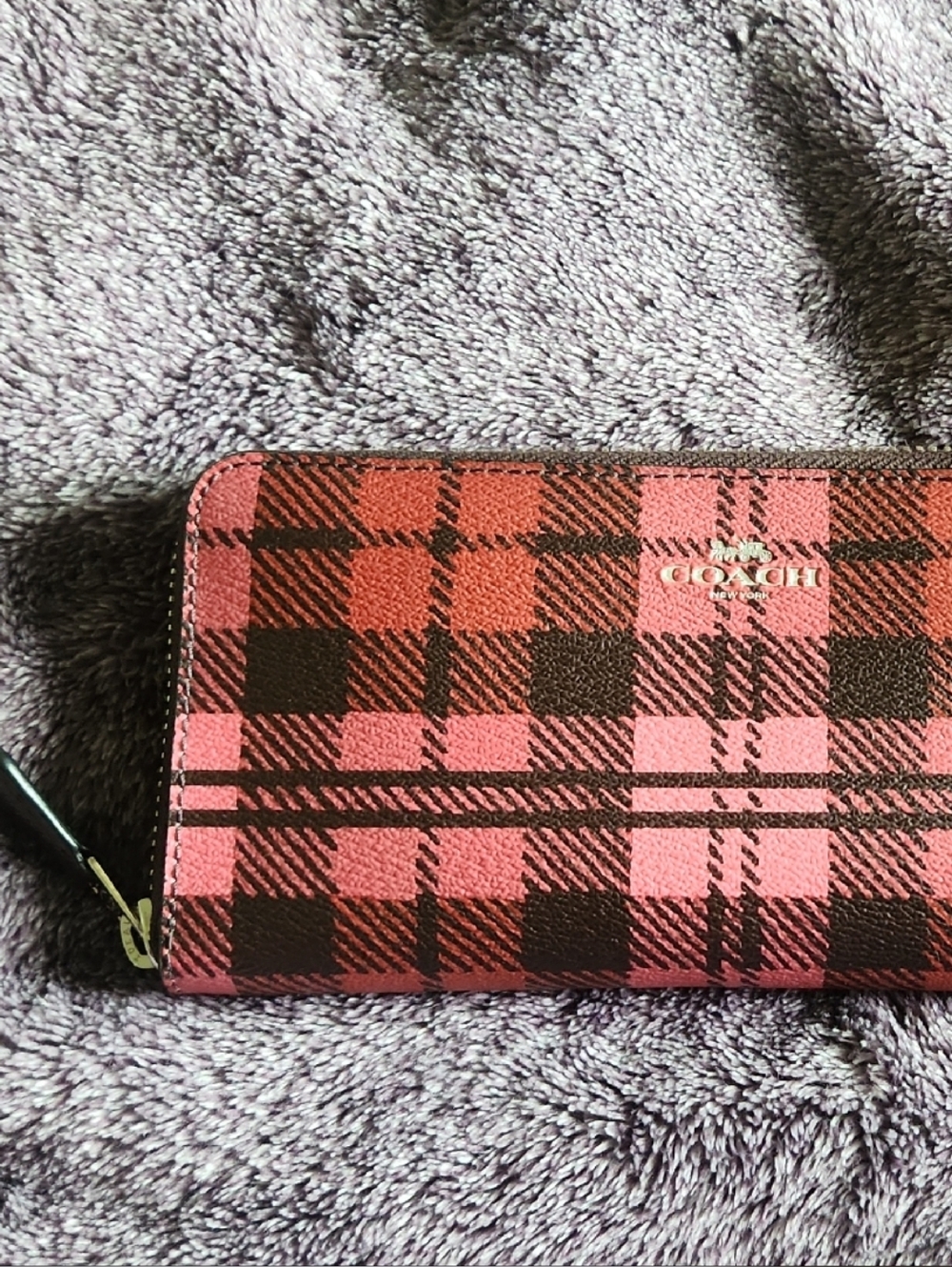 Coach Pink and Red Plaid Zip Wallet